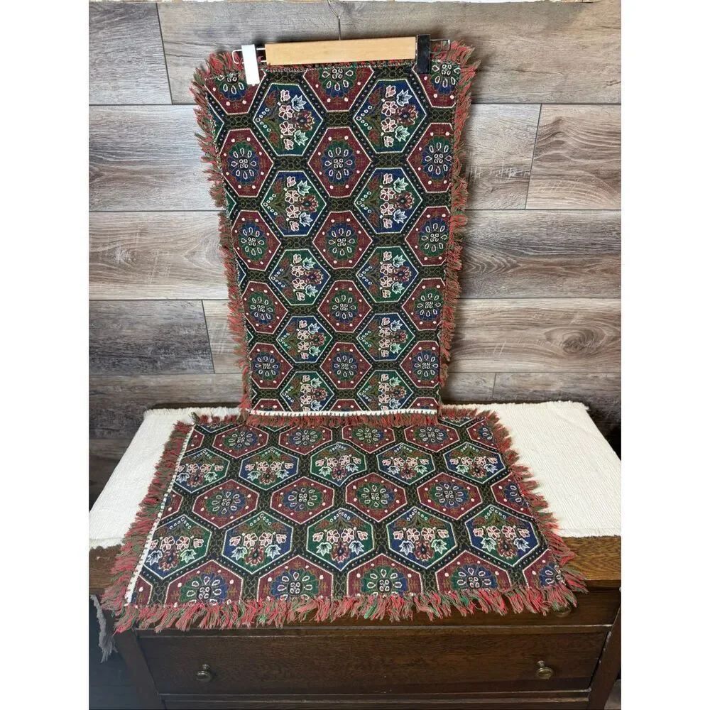 Vintage Tapestry Woven Fringed Placemats Cottagecore Boho Table Decor Set